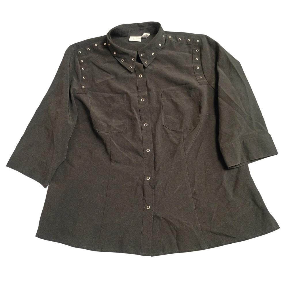 Covington Button Down Shirt Womens 20W Black Grommet Career Edgy 3/4 Sleeve